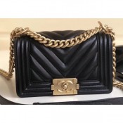 Chanel Caviar Leather Chevron Boy Flap Small Bag Black/Gold AQ00871