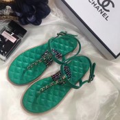 Chanel Calfskin Leather Chain Thong Sandal Green 2017 (BLK-7052358 )