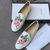 Gucci Embroidered Flower White Leather Loafer 404069 2017 (SML-7021638 )